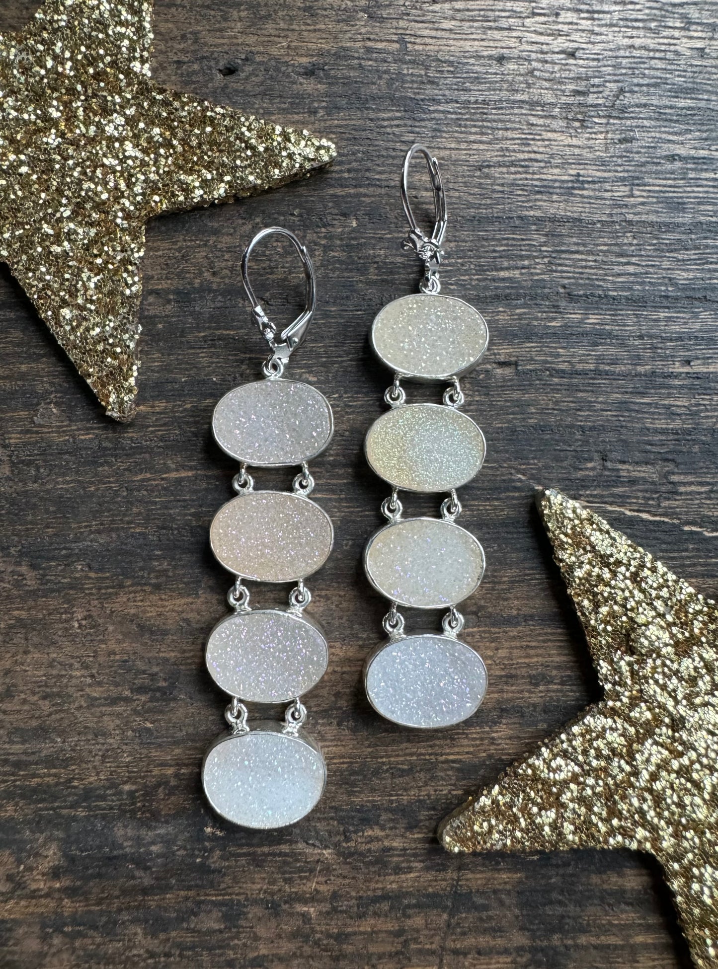 White Iridescent Oval Druzy Earrings